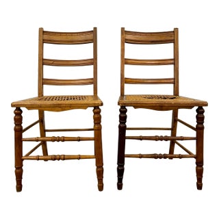 Vintage Colonial Style Ladderback Cane Seat Dining Chairs - Pair For Sale