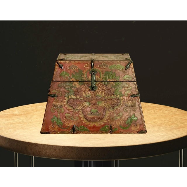 Red Large Certified Antique Red Lacquer Chinese Trapezoid Dragon & Cloud Box / Iron Bound Wood Chest With Original Iron Fittings For Sale - Image 8 of 10