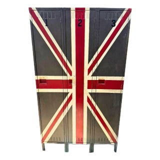 Mid-Century 3-Bay Industrial Steel Lockers, Hand-Painted British Union Flag Motif For Sale
