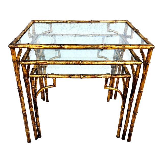 Vintage Nesting Tables Gilded Faux Bamboo Set of 3 For Sale
