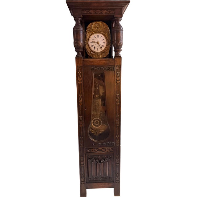 Antique Oak Linen Fold Long Case Clock by E. Favot of Bleneau. Good working order. Recently serviced. Bell chime.