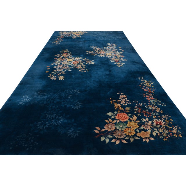 1920s Oversized Antique Chinese Art Deco Rug, Blue With Floral Patterns - Rug & Kilim For Sale - Image 5 of 9