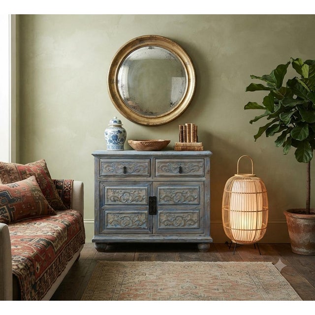 Baby Blue Oriental Floral Shabby Chic Rustic Light Blue High Credenza Cabinet For Sale - Image 8 of 10