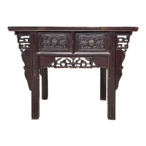 Chinese Vintage 2 Drawers Carving Brown Side Table Cabinet