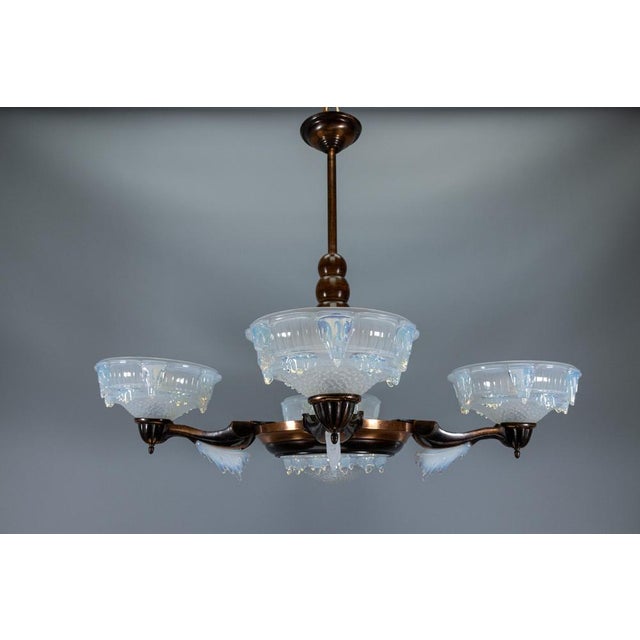 Art Deco French Coppered Metal and Opalescent Glass Chandelier from Ezan, 1930s For Sale - Image 3 of 18