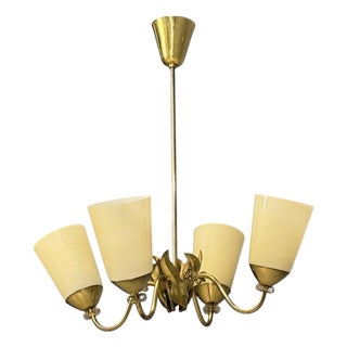 1950s Itsu Oy, Finnish Modern, Chandelier, Brass, Opal Glass For Sale