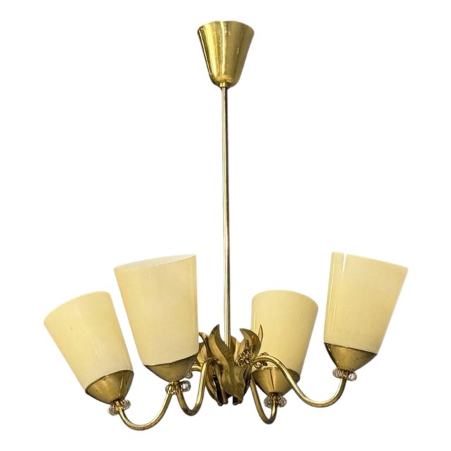 1950s Itsu Oy, Finnish Modern, Chandelier, Brass, Opal Glass For Sale