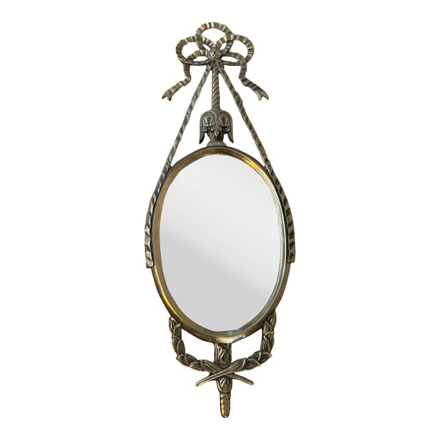 Vintage Brass Mirror With Ribbon and Tulip Motif For Sale