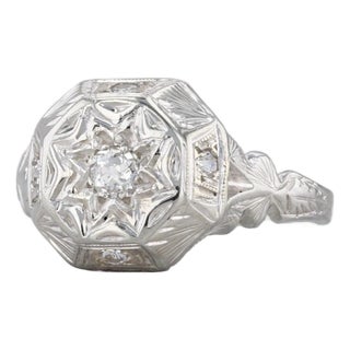 0.18ct Art Deco Diamond Star Ring 18k White Gold Size 7.25 Ornate Hand Finished For Sale