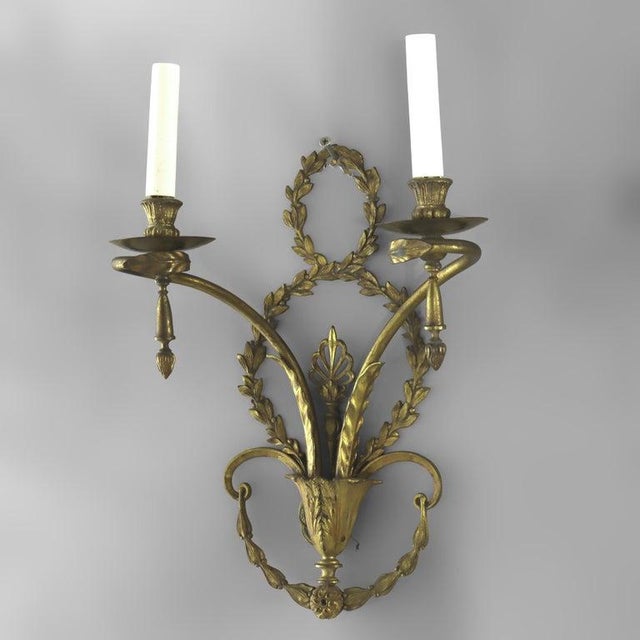 Pair of French Louis XV Laurel Wreath Bronze Double Candle Electric Wall Sconces C1900 For Sale - Image 6 of 12