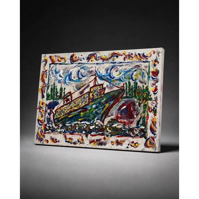 Coastal Colorful Mixed Media Boat Painting For Sale - Image 3 of 5