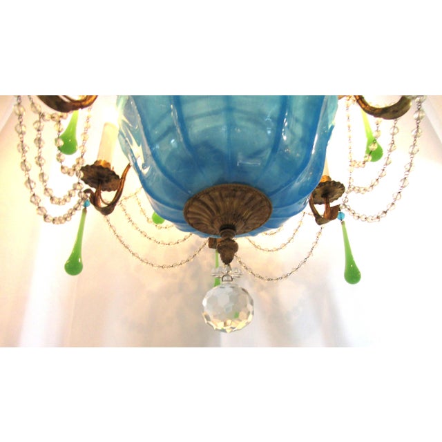1940s 1940s Rare Italian Blue and Green Opaline Beaded Gold Leaf Chandelier For Sale - Image 5 of 11
