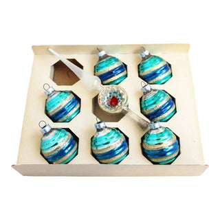 Retro Glass Christmas Holiday Ornaments and Handblown Glass Tree Topper For Sale