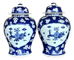 Vintage Asian Blue and White Ginger Jars - A Pair