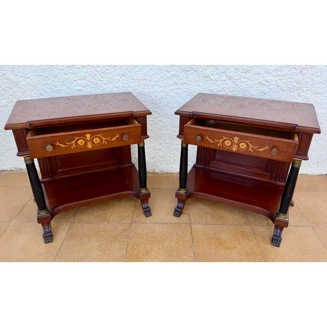 French Empire Wood Nightstands with Marquetry and Black Columns, 1935, Set of 2 For Sale - Image 9 of 15