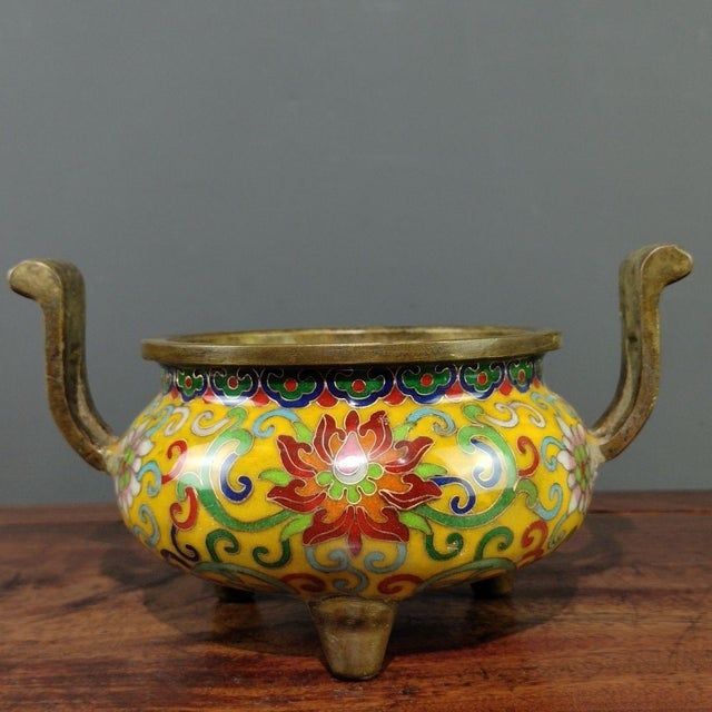 Mid 20th Century Vintage Yellow Ground Cloisonne Enamel Bronze Censer, Two-Handle Tripod Incense Burner For Sale - Image 5 of 9