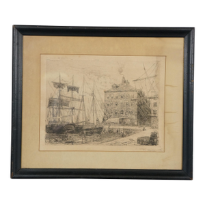 Antique Frederick Leo Hunter Signed Maritime Ny Old East India Wharf Etching 19", Framed