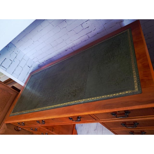 Vintage Twin Pedestal Desk in Yew Wood and Leather Top, 1980 For Sale - Image 14 of 18