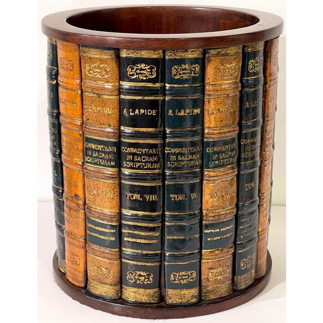 20th Century English Regency Style Hardwood & Leather Book Motif Trashcan/Wastepaper Basket For Sale In West Palm - Image 6 of 12