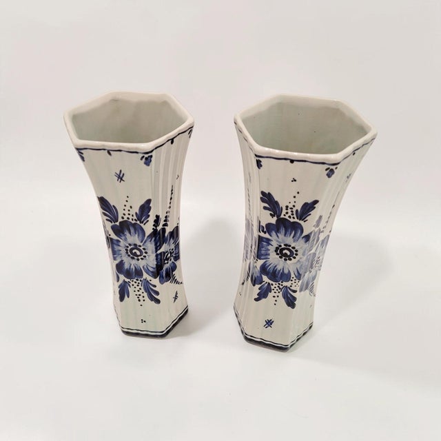 Vintage Blue Hand-Painted Floral Vases from Delft, 1920s, Set of 2 For Sale - Image 16 of 18