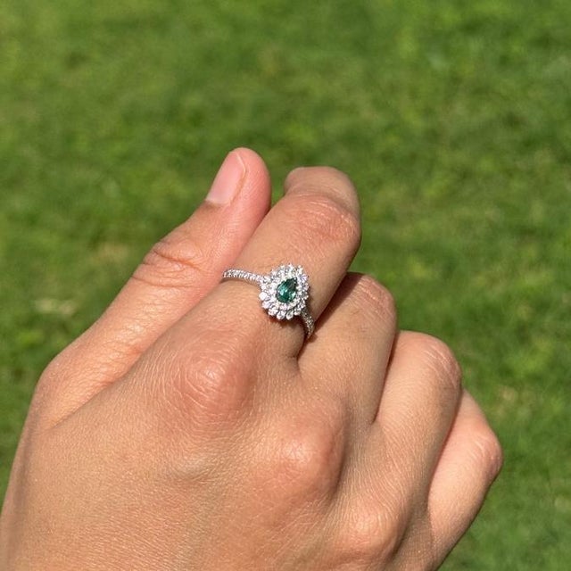 Gemstone 18k Gold Emerald Double Halo Mexican Ring Size 9 by VRJewels For Sale - Image 7 of 17