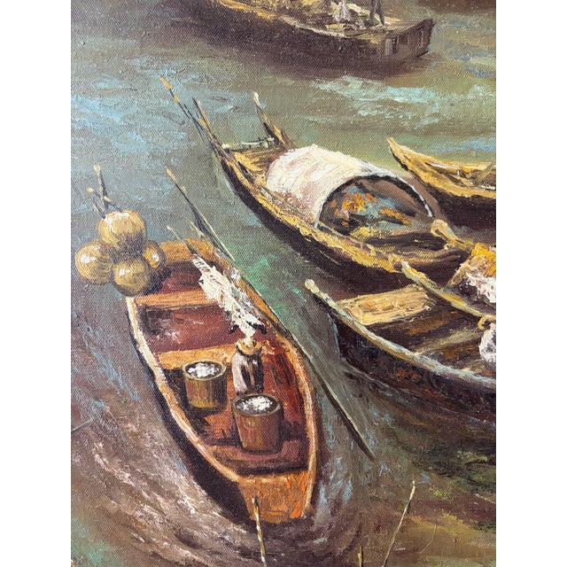 Original Signed “Sher” Oil on Canvas – Harbor Fishing Village With Men & Boats – Framed, 31.25” X 26” For Sale - Image 12 of 14