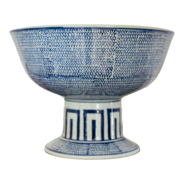 Antique Japanese Hand Haisen Bowl- Large Footed Blue and White Pedestal Bowl For Sale