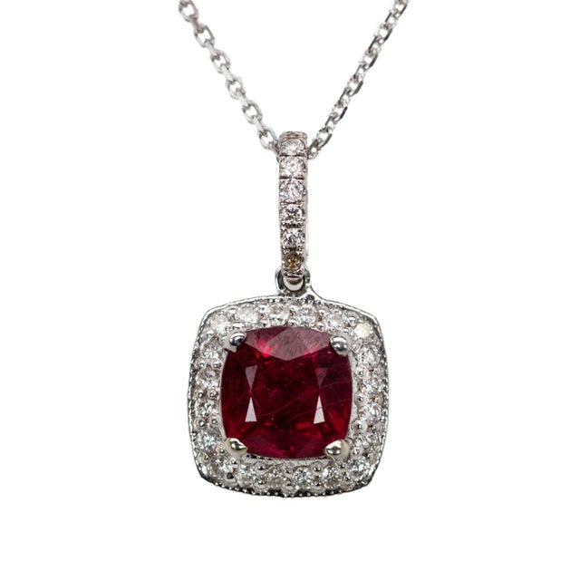 1.24ct Ruby Pendant W Earth Mined Diamonds in Solid 14k White Gold Cushion 6mm For Sale - Image 9 of 9