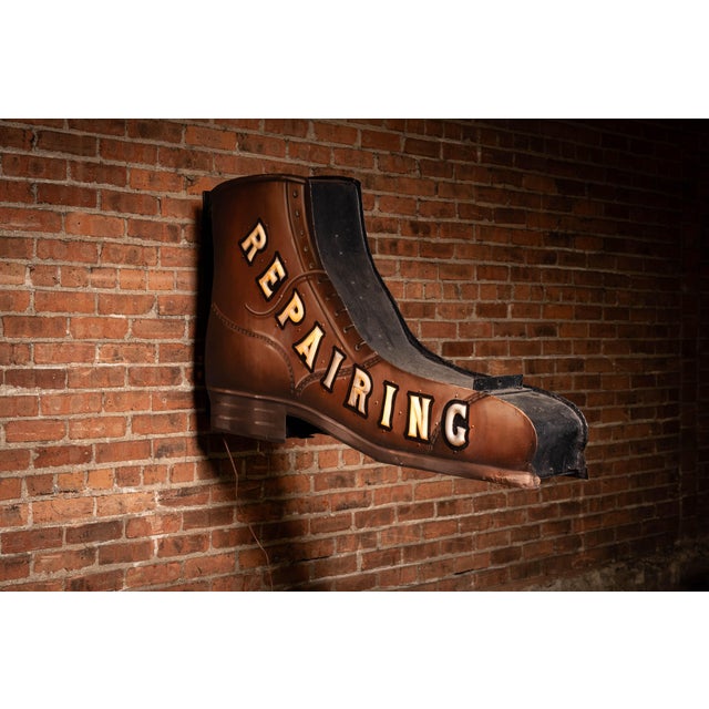 Industrial Vintage Double-Sided Boot Form "Repairing" Illuminated Trade Sign For Sale - Image 3 of 15