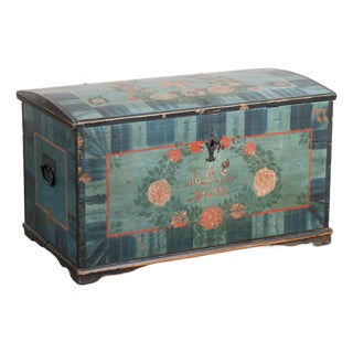 Original Hand Painted Blue Swedish Dome Top Pine Trunk Dated 1852 For Sale
