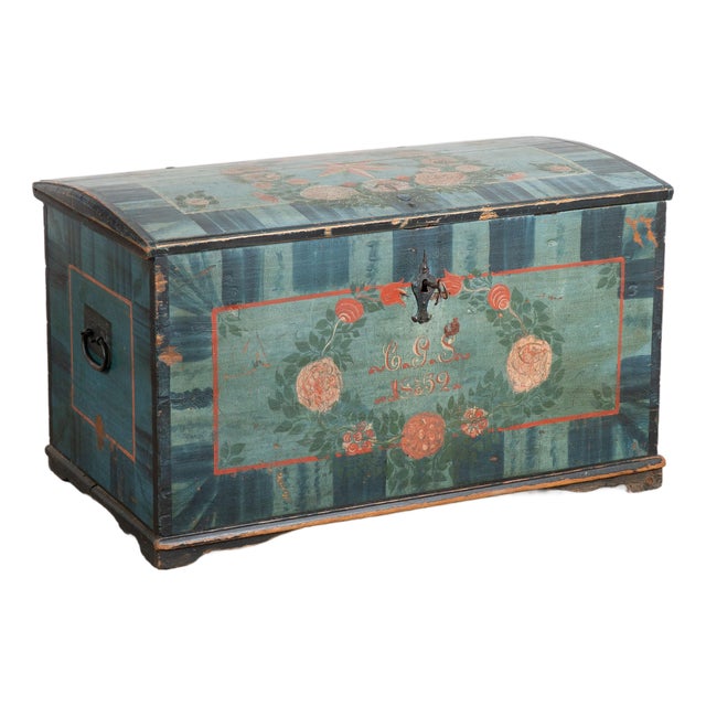 Original Hand Painted Blue Swedish Dome Top Pine Trunk Dated 1852 For Sale