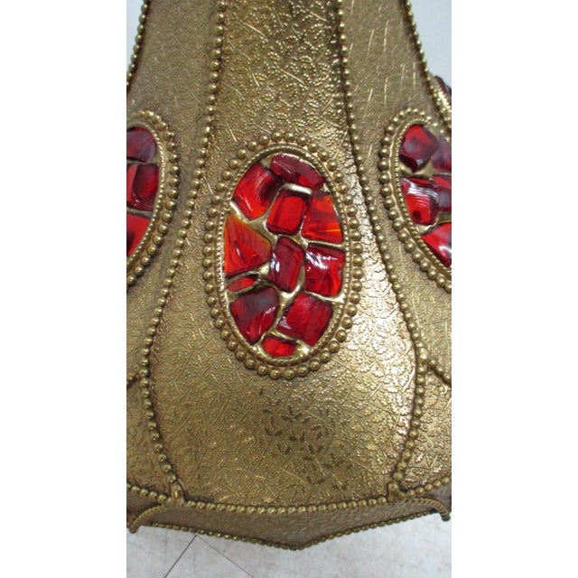 Vintage Spanish Regency Brass Jeweled Hanging Lamp Chandelier For Sale In Philadelphia - Image 6 of 11