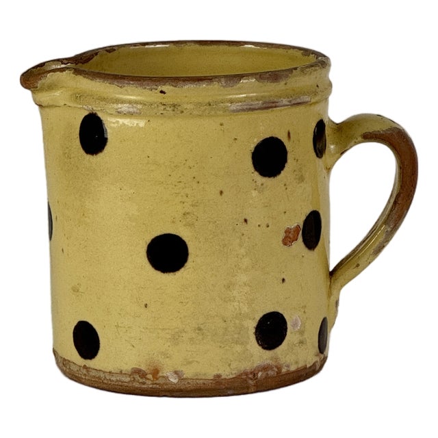 Antique 19th Century French Hand Painted Polkadot Pitcher in Light Mustard Yellow, 5" H For Sale