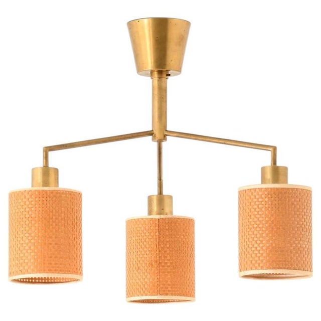 Scandinavian Modern Chandelier in Brass and Cane attributed to Hans Bergström, 1950s For Sale - Image 9 of 9
