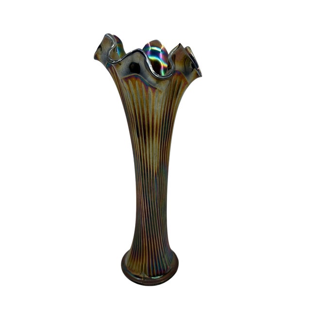 Blue 1930s Antique Fenton Irridescent Ruffled Glass Vase For Sale - Image 8 of 11
