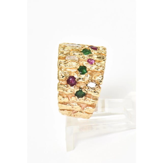 Modernist Diamond, Ruby, Emerald and Sapphire Gold Ring size 4 For Sale - Image 4 of 8