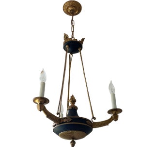 Vintage Regency Style Three Arm Black and Bronze Chandelier For Sale