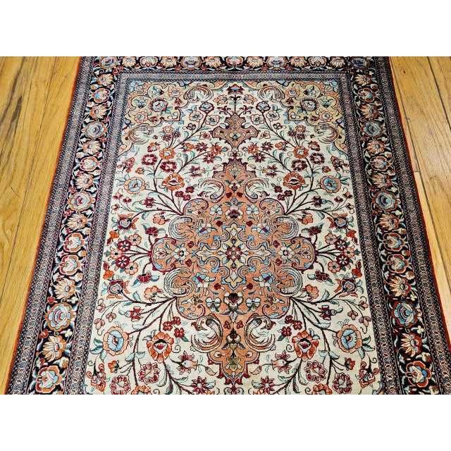Persian Vintage Persian Qum Area Rug, Hand-Knotted Silk, Floral Pattern, Ivory & Navy, 3x5 For Sale - Image 3 of 18