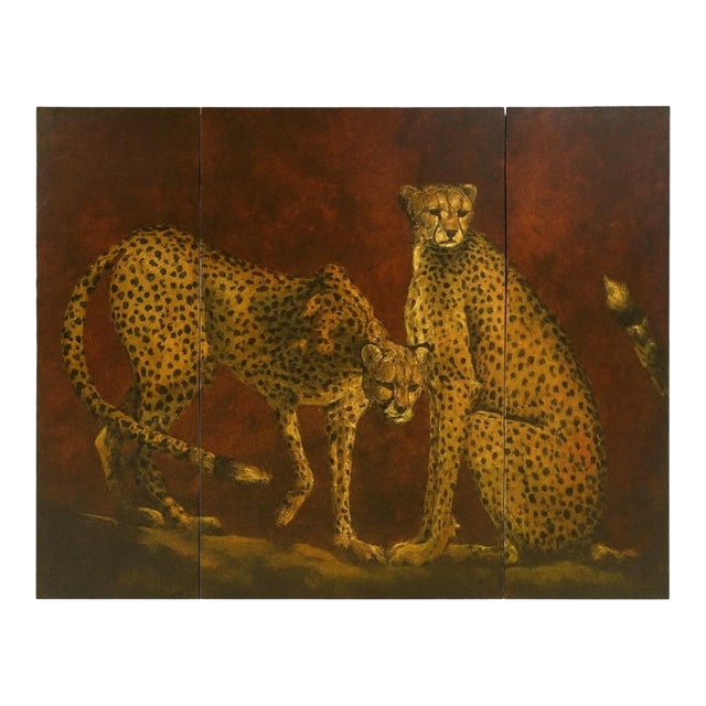 1980s Signed Triptych British Colonial Style Cheetahs on Board Wall Art For Sale