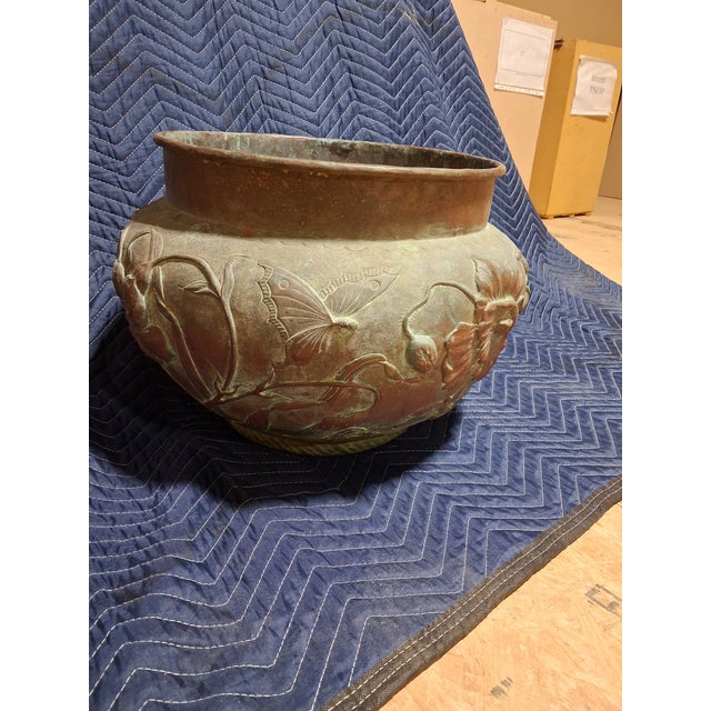 Art Nouveau Large Antique Art Nouveau Repoussé Copper Jardinère Cachepot With Butterfly & Iris Motif For Sale - Image 3 of 5