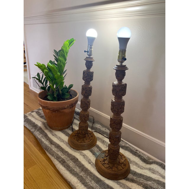 1950s Large Vintage Hand-Carved Kashmiri Wood Table Lamps — Chinar Leaf & Vine Motif - A Pair For Sale - Image 5 of 5