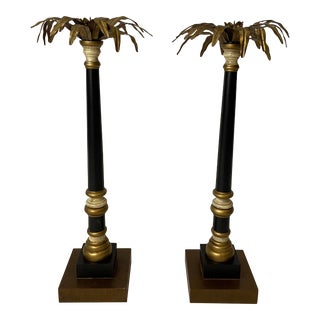 Late 20th Century Ceramic and Tole Palm Tree Candle Holders - a Pair For Sale