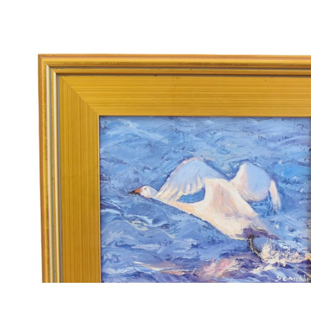 Snow Goose Taking Flight Lake Oil Painting by Sean Wu Including Antiqued Gold Wood Frame For Sale - Image 4 of 10
