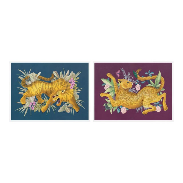 Big Cat Diptych by Allison Cosmos in White Frame, Medium Art Print For Sale