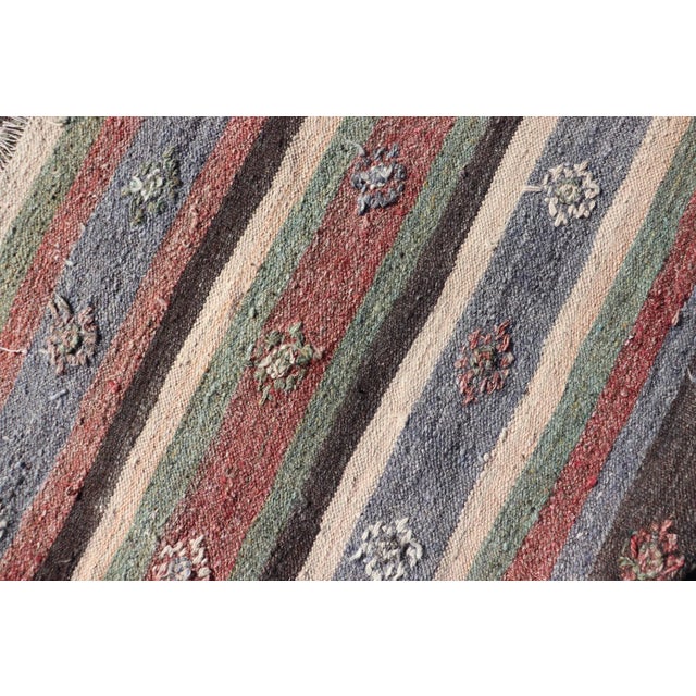 Mid 20th Century Turkish Vintage Kilim Striped Runner With Tribal Motifs in Copper and Greens For Sale - Image 9 of 12