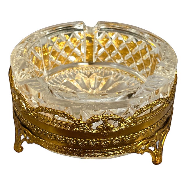 1960s Faceted Glass and Gold Ormolu Footed Ashtray Catchall For Sale