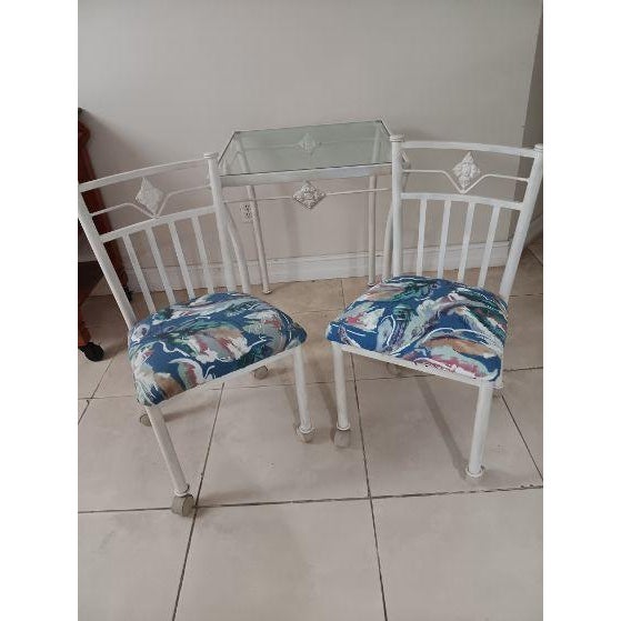 Metal 1970s Metal Dining Patio Set Square Table Glass Top White Chairs on Wheels Set of 3 For Sale - Image 7 of 7