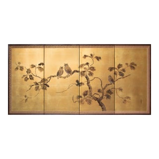 "Owl Family" by Shunko, Late Showa Painted Japanese Byobu Screen For Sale