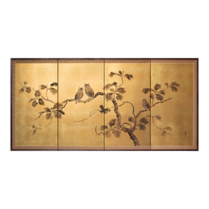 "Owl Family" by Shunko, Late Showa Painted Japanese Byobu Screen