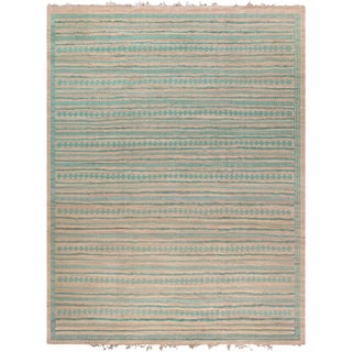 Modern Warm Tan With Teal Striped Handmade Rug "Aquastria" by Doris Leslie Blau For Sale